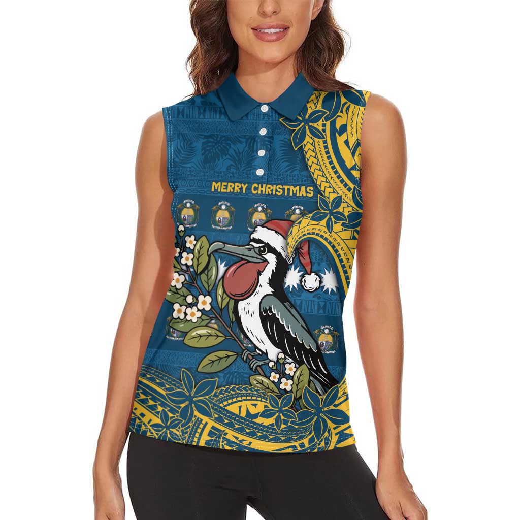 Nauru Christmas Women Sleeveless Polo Shirt Frigatebird Bird Santa Tribal Waves DT05 - Polynesian Pride