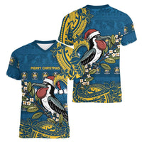 Nauru Christmas Women V-Neck T-Shirt Frigatebird Bird Santa Tribal Waves - Polynesian Pride