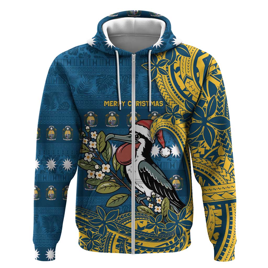 Nauru Christmas Zip Hoodie Frigatebird Bird Santa Tribal Waves - Polynesian Pride