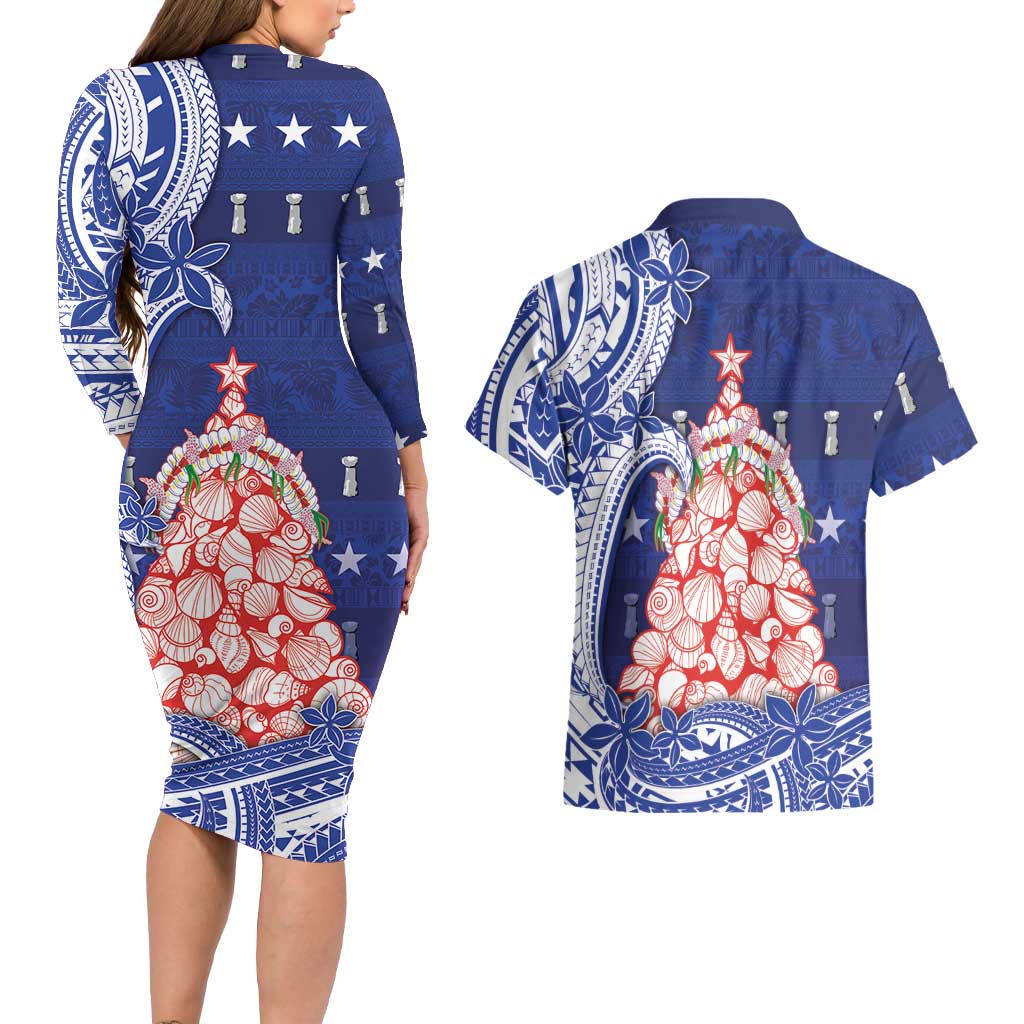 Northern Mariana Islands Christmas Couples Matching Long Sleeve Bodycon Dress and Hawaiian Shirt Seashell Xmas Tree Tribal Waves DT05 - Polynesian Pride