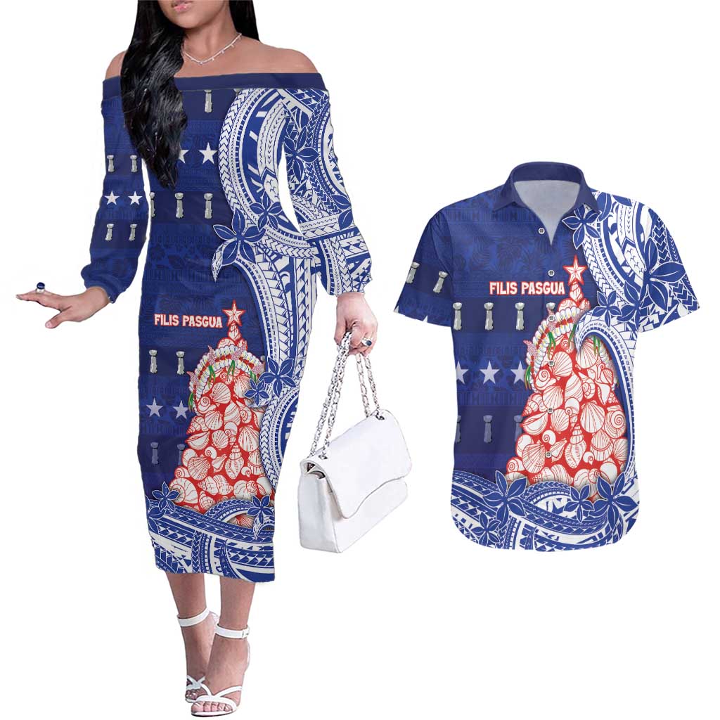 Northern Mariana Islands Christmas Couples Matching Off The Shoulder Long Sleeve Dress and Hawaiian Shirt Seashell Xmas Tree Tribal Waves DT05 Navy - Polynesian Pride