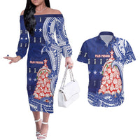 Northern Mariana Islands Christmas Couples Matching Off The Shoulder Long Sleeve Dress and Hawaiian Shirt Seashell Xmas Tree Tribal Waves DT05 Navy - Polynesian Pride