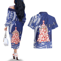 Northern Mariana Islands Christmas Couples Matching Off The Shoulder Long Sleeve Dress and Hawaiian Shirt Seashell Xmas Tree Tribal Waves DT05 - Polynesian Pride