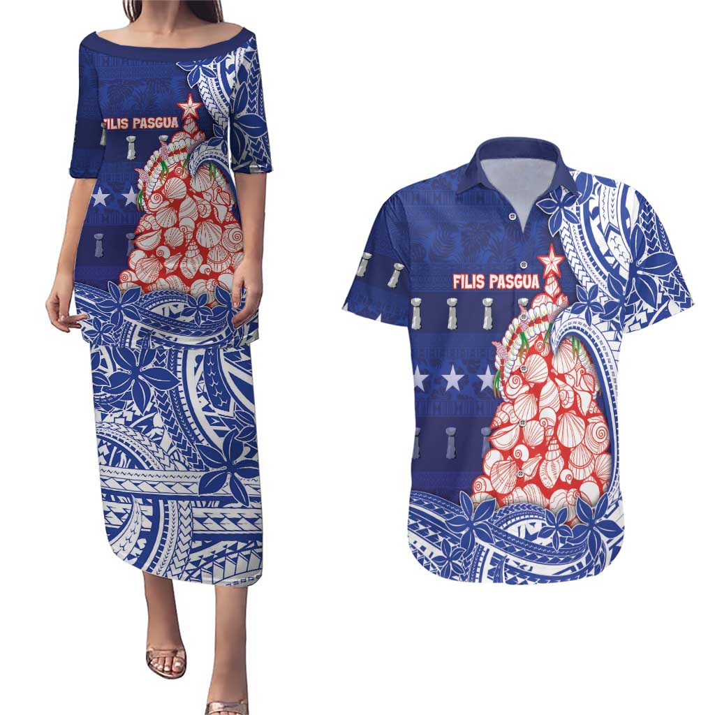 Northern Mariana Islands Christmas Couples Matching Puletasi and Hawaiian Shirt Seashell Xmas Tree Tribal Waves - Polynesian Pride