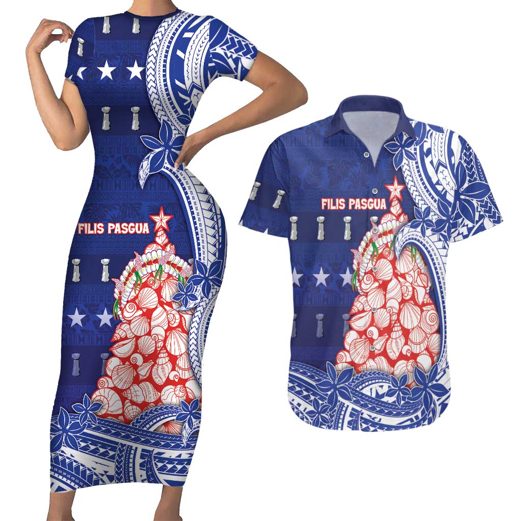 Northern Mariana Islands Christmas Couples Matching Short Sleeve Bodycon Dress and Hawaiian Shirt Seashell Xmas Tree Tribal Waves DT05 Navy - Polynesian Pride