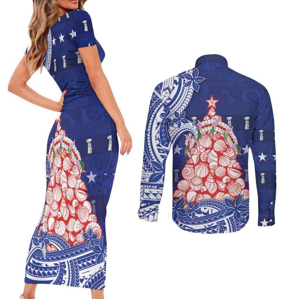 Northern Mariana Islands Christmas Couples Matching Short Sleeve Bodycon Dress and Long Sleeve Button Shirt Seashell Xmas Tree Tribal Waves - Polynesian Pride