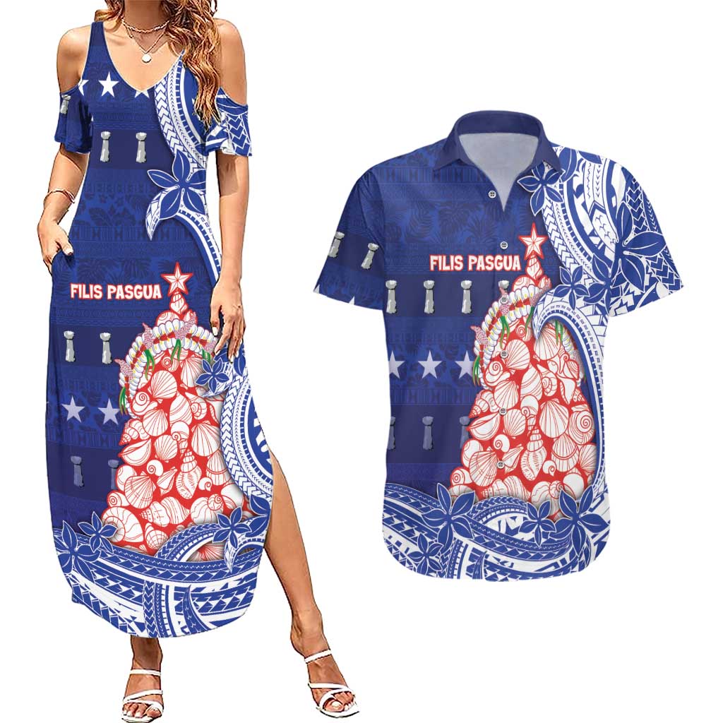 Northern Mariana Islands Christmas Couples Matching Summer Maxi Dress and Hawaiian Shirt Seashell Xmas Tree Tribal Waves - Polynesian Pride