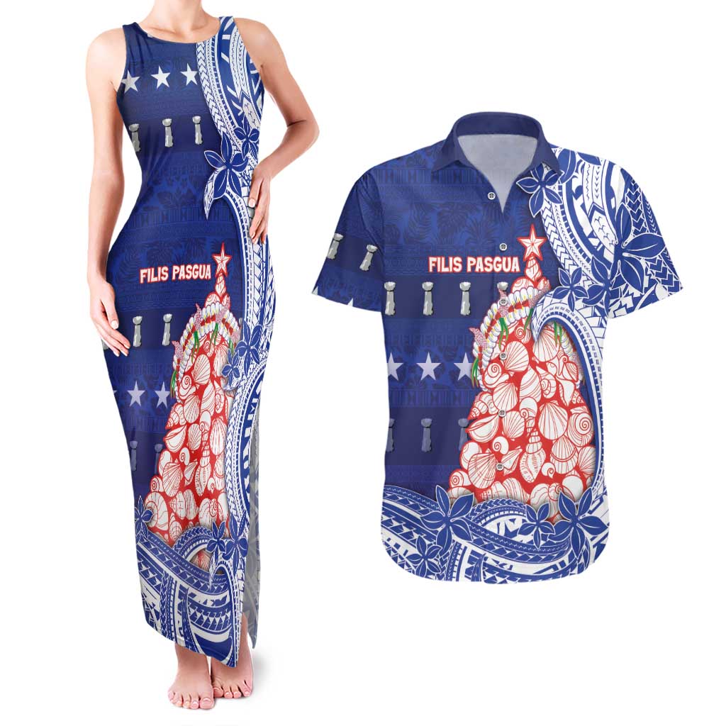 Northern Mariana Islands Christmas Couples Matching Tank Maxi Dress and Hawaiian Shirt Seashell Xmas Tree Tribal Waves - Polynesian Pride