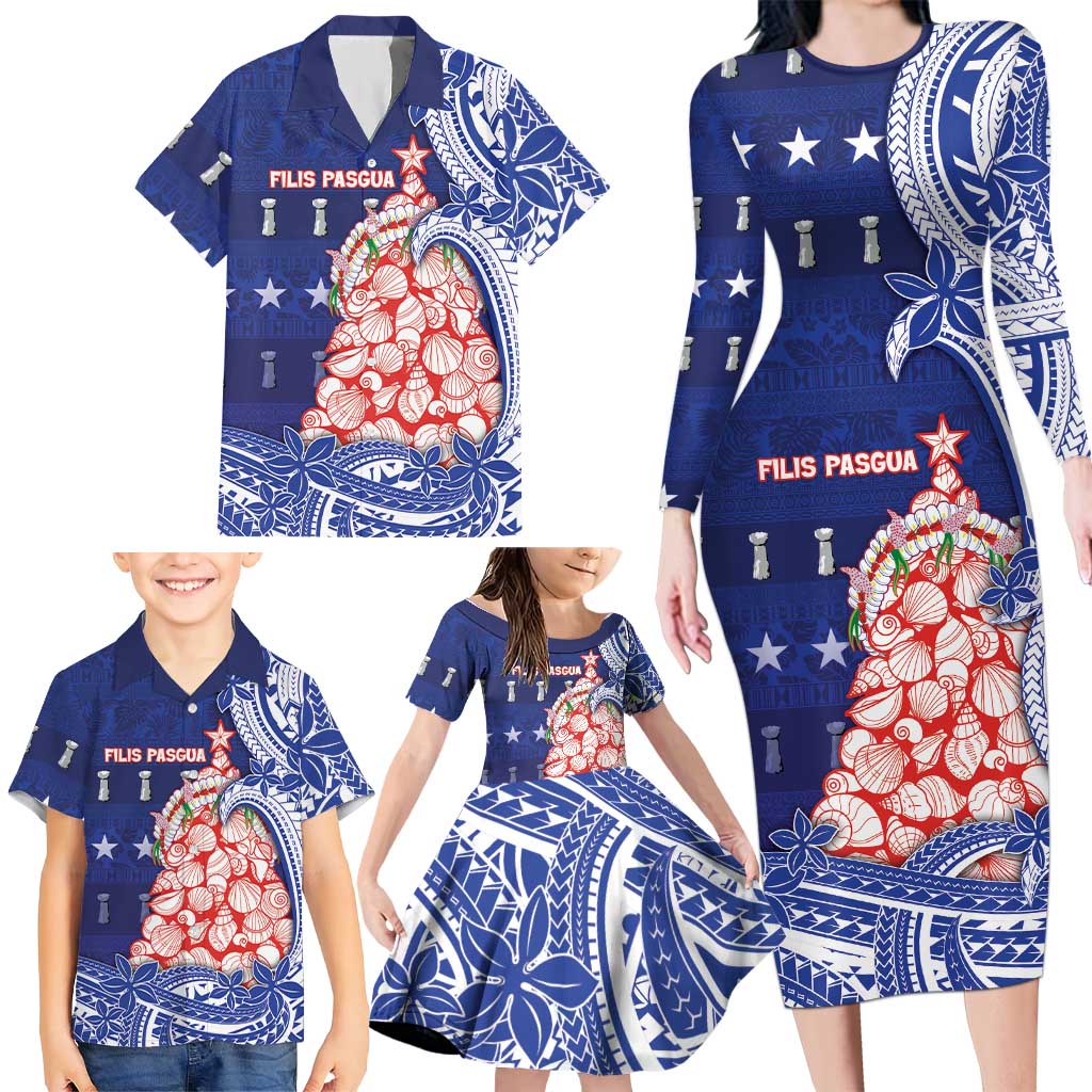 Northern Mariana Islands Christmas Family Matching Long Sleeve Bodycon Dress and Hawaiian Shirt Seashell Xmas Tree Tribal Waves - Polynesian Pride