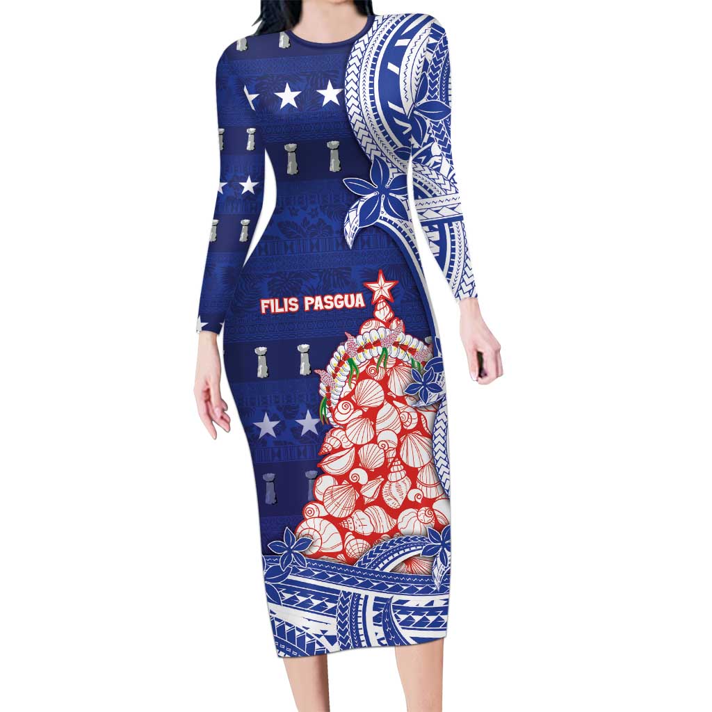 Northern Mariana Islands Christmas Family Matching Long Sleeve Bodycon Dress and Hawaiian Shirt Seashell Xmas Tree Tribal Waves DT05 Mom's Dress Navy - Polynesian Pride