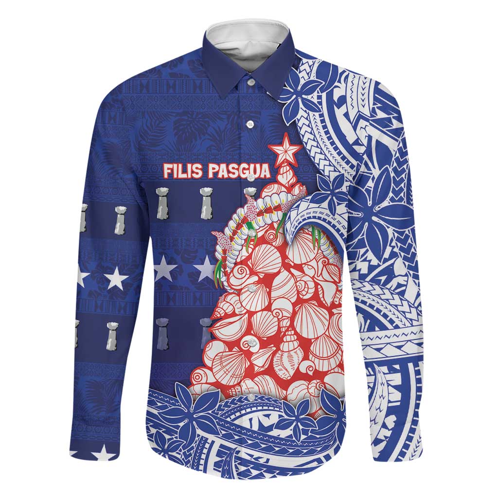 Northern Mariana Islands Christmas Family Matching Mermaid Dress and Hawaiian Shirt Seashell Xmas Tree Tribal Waves DT05 Dad's Shirt - Long Sleeve Navy - Polynesian Pride