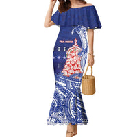 Northern Mariana Islands Christmas Family Matching Mermaid Dress and Hawaiian Shirt Seashell Xmas Tree Tribal Waves DT05 Mom's Dress Navy - Polynesian Pride