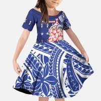 Northern Mariana Islands Christmas Family Matching Off The Shoulder Long Sleeve Dress and Hawaiian Shirt Seashell Xmas Tree Tribal Waves DT05 Daughter's Dress Navy - Polynesian Pride