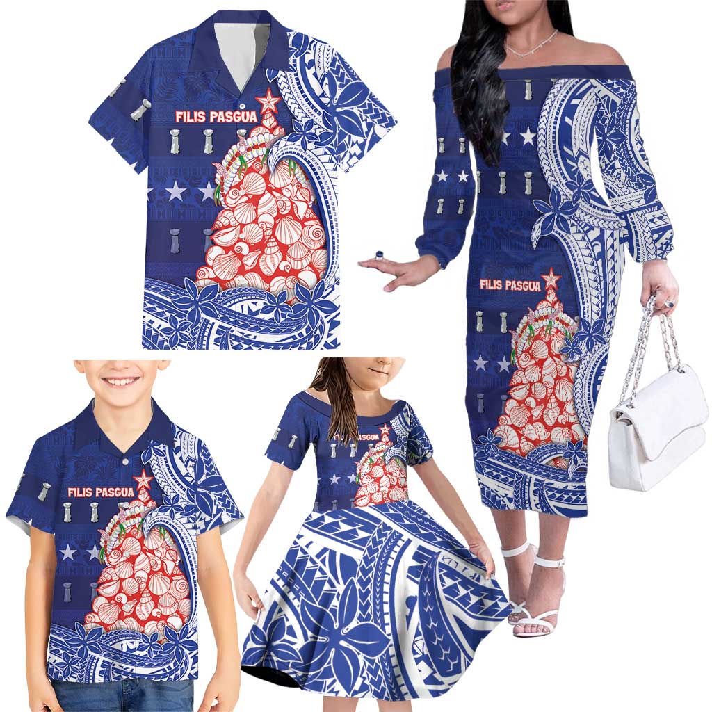 Northern Mariana Islands Christmas Family Matching Off The Shoulder Long Sleeve Dress and Hawaiian Shirt Seashell Xmas Tree Tribal Waves DT05 - Polynesian Pride