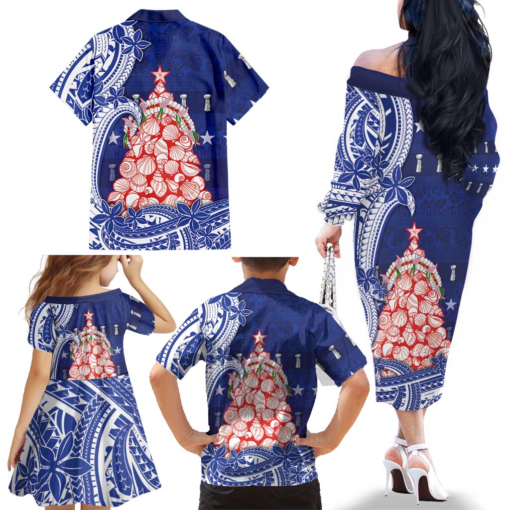 Northern Mariana Islands Christmas Family Matching Off The Shoulder Long Sleeve Dress and Hawaiian Shirt Seashell Xmas Tree Tribal Waves DT05 - Polynesian Pride