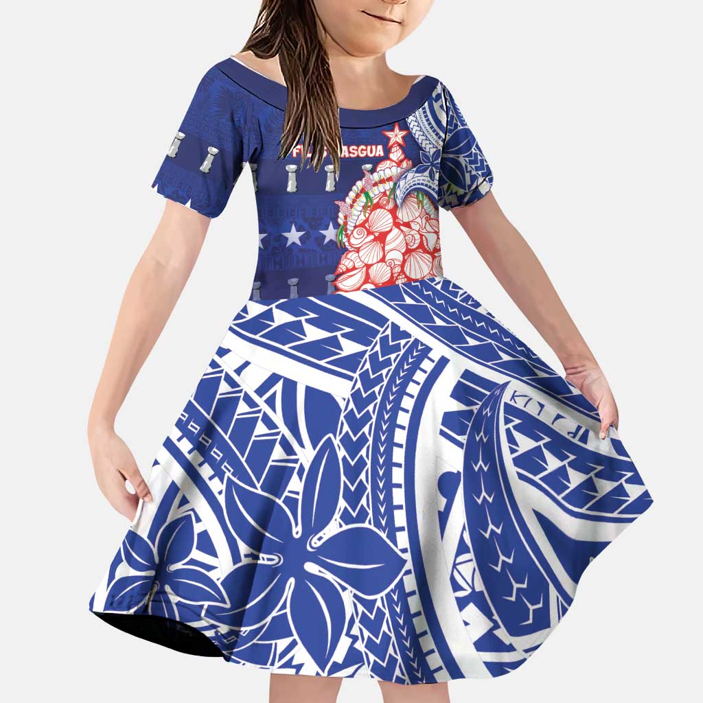 Northern Mariana Islands Christmas Family Matching Off Shoulder Maxi Dress and Hawaiian Shirt Seashell Xmas Tree Tribal Waves DT05 Daughter's Dress Navy - Polynesian Pride