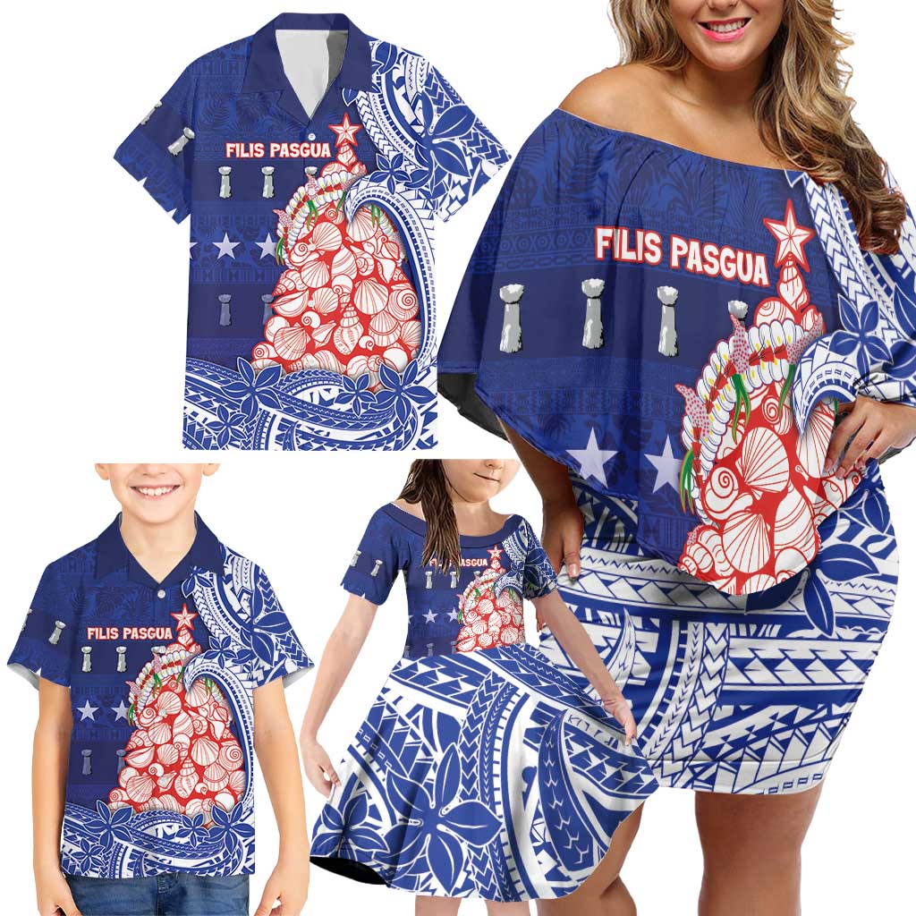 Northern Mariana Islands Christmas Family Matching Off Shoulder Short Dress and Hawaiian Shirt Seashell Xmas Tree Tribal Waves - Polynesian Pride
