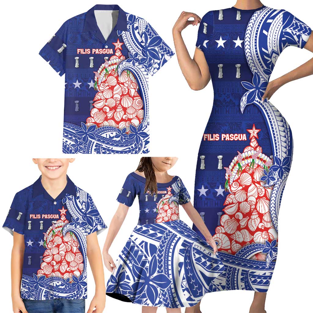 Northern Mariana Islands Christmas Family Matching Short Sleeve Bodycon Dress and Hawaiian Shirt Seashell Xmas Tree Tribal Waves DT05 - Polynesian Pride