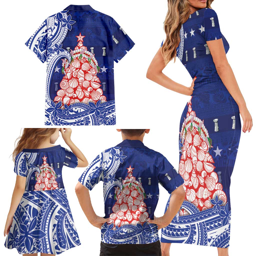 Northern Mariana Islands Christmas Family Matching Short Sleeve Bodycon Dress and Hawaiian Shirt Seashell Xmas Tree Tribal Waves DT05 - Polynesian Pride