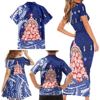 Northern Mariana Islands Christmas Family Matching Short Sleeve Bodycon Dress and Hawaiian Shirt Seashell Xmas Tree Tribal Waves DT05 - Polynesian Pride