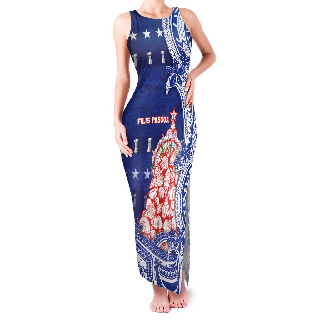 Northern Mariana Islands Christmas Family Matching Tank Maxi Dress and Hawaiian Shirt Seashell Xmas Tree Tribal Waves DT05 Mom's Dress Navy - Polynesian Pride