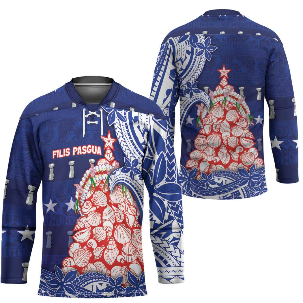 Northern Mariana Islands Christmas Hockey Jersey Seashell Xmas Tree Tribal Waves - Polynesian Pride