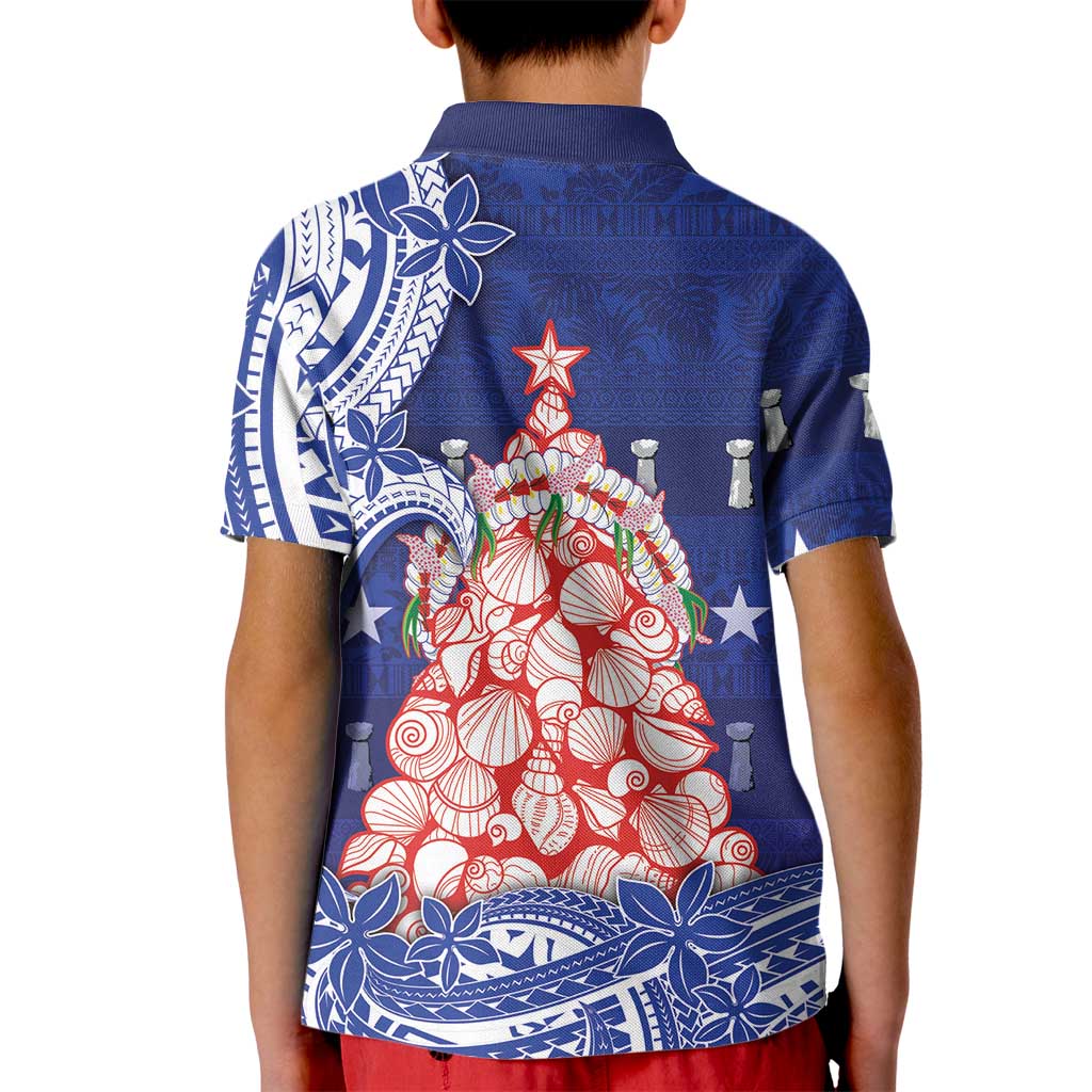 Northern Mariana Islands Christmas Kid Polo Shirt Seashell Xmas Tree Tribal Waves - Polynesian Pride