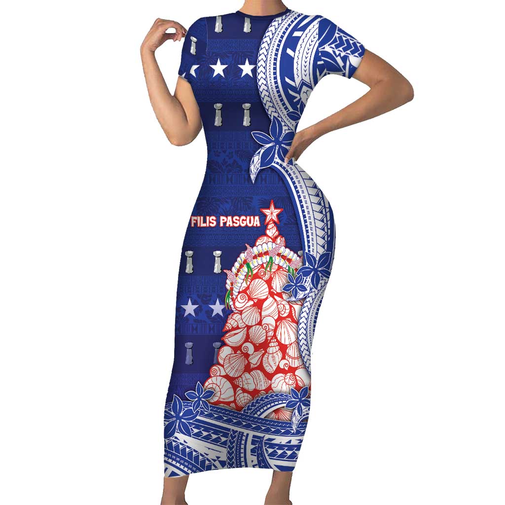 Northern Mariana Islands Christmas Short Sleeve Bodycon Dress Seashell Xmas Tree Tribal Waves - Polynesian Pride