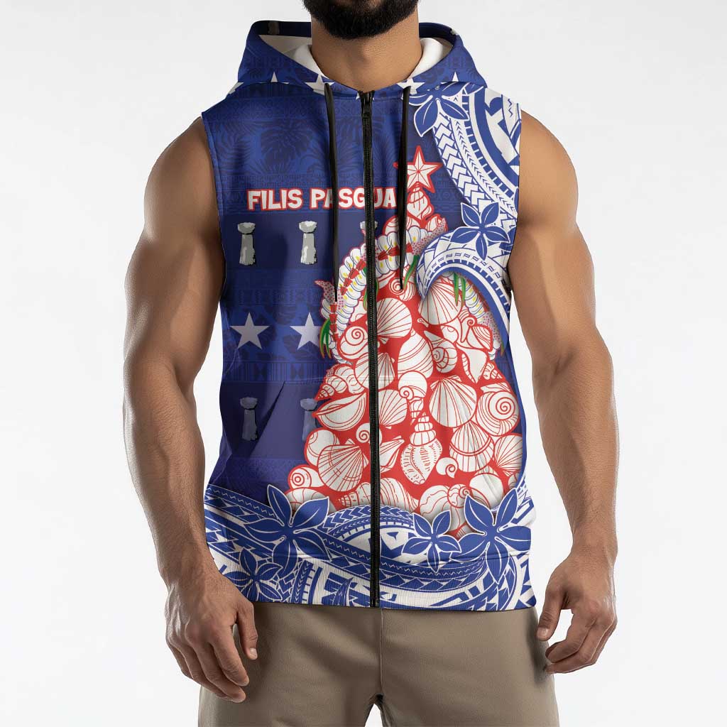 Northern Mariana Islands Christmas Sleeveless Zip Hoodie Seashell Xmas Tree Tribal Waves - Polynesian Pride