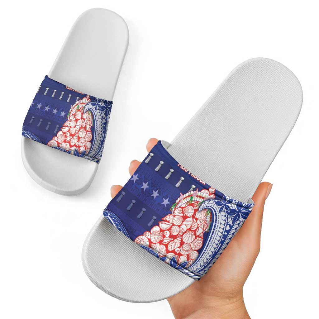 Northern Mariana Islands Christmas Slide Sandals Seashell Xmas Tree Tribal Waves - Polynesian Pride