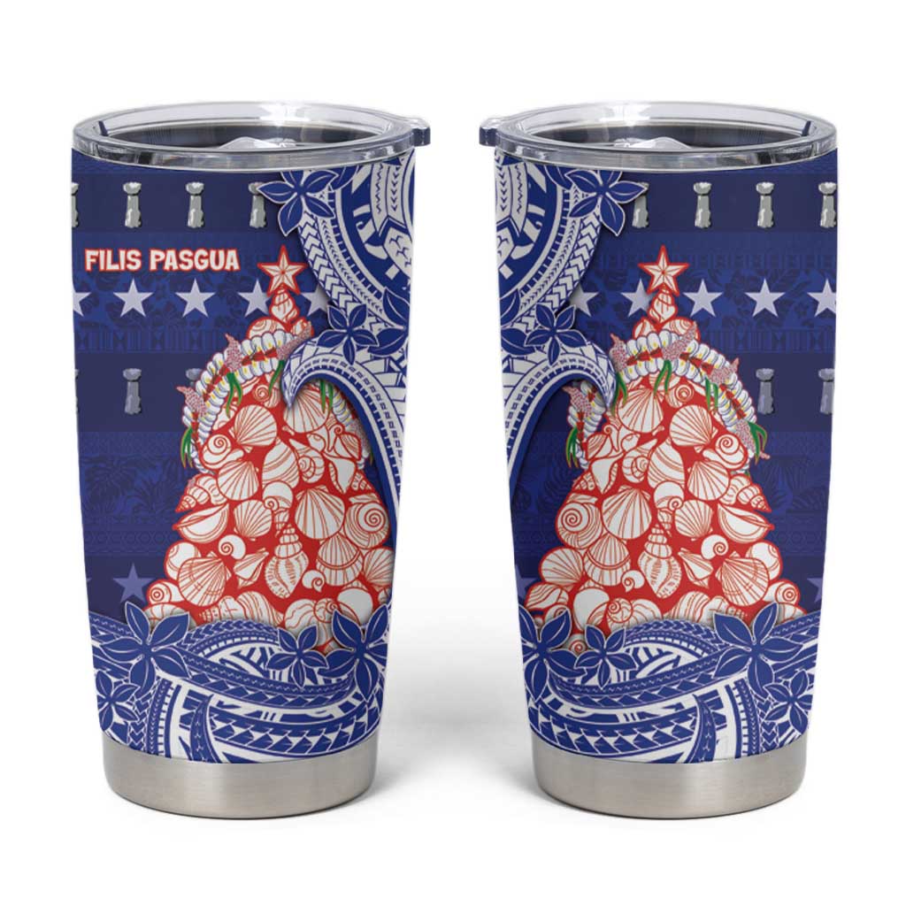 Northern Mariana Islands Christmas Tumbler Cup Seashell Xmas Tree Tribal Waves DT05 Navy - Polynesian Pride