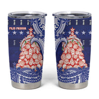 Northern Mariana Islands Christmas Tumbler Cup Seashell Xmas Tree Tribal Waves DT05 Navy - Polynesian Pride