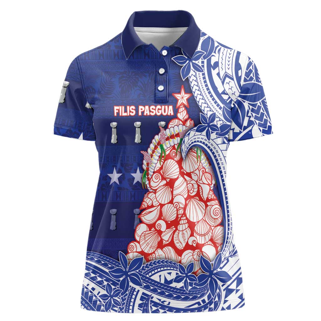 Northern Mariana Islands Christmas Women Polo Shirt Seashell Xmas Tree Tribal Waves - Polynesian Pride