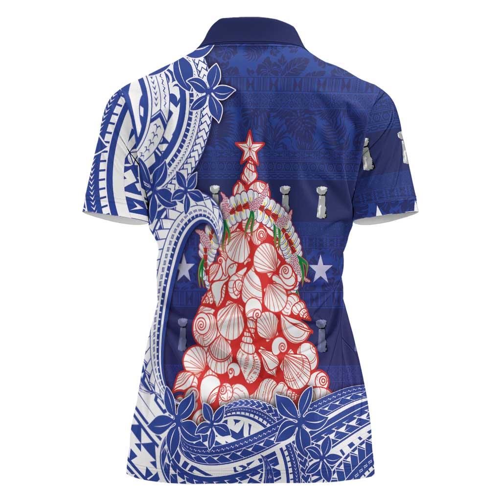 Northern Mariana Islands Christmas Women Polo Shirt Seashell Xmas Tree Tribal Waves - Polynesian Pride