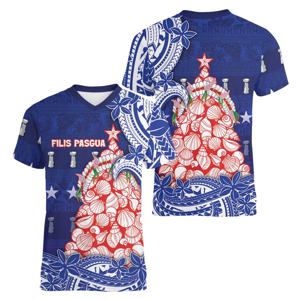 Northern Mariana Islands Christmas Women V-Neck T-Shirt Seashell Xmas Tree Tribal Waves - Polynesian Pride