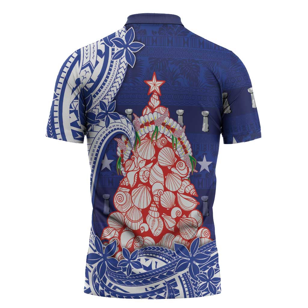 Northern Mariana Islands Christmas Zipper Polo Shirt Seashell Xmas Tree Tribal Waves - Polynesian Pride