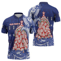 Northern Mariana Islands Christmas Zipper Polo Shirt Seashell Xmas Tree Tribal Waves - Polynesian Pride