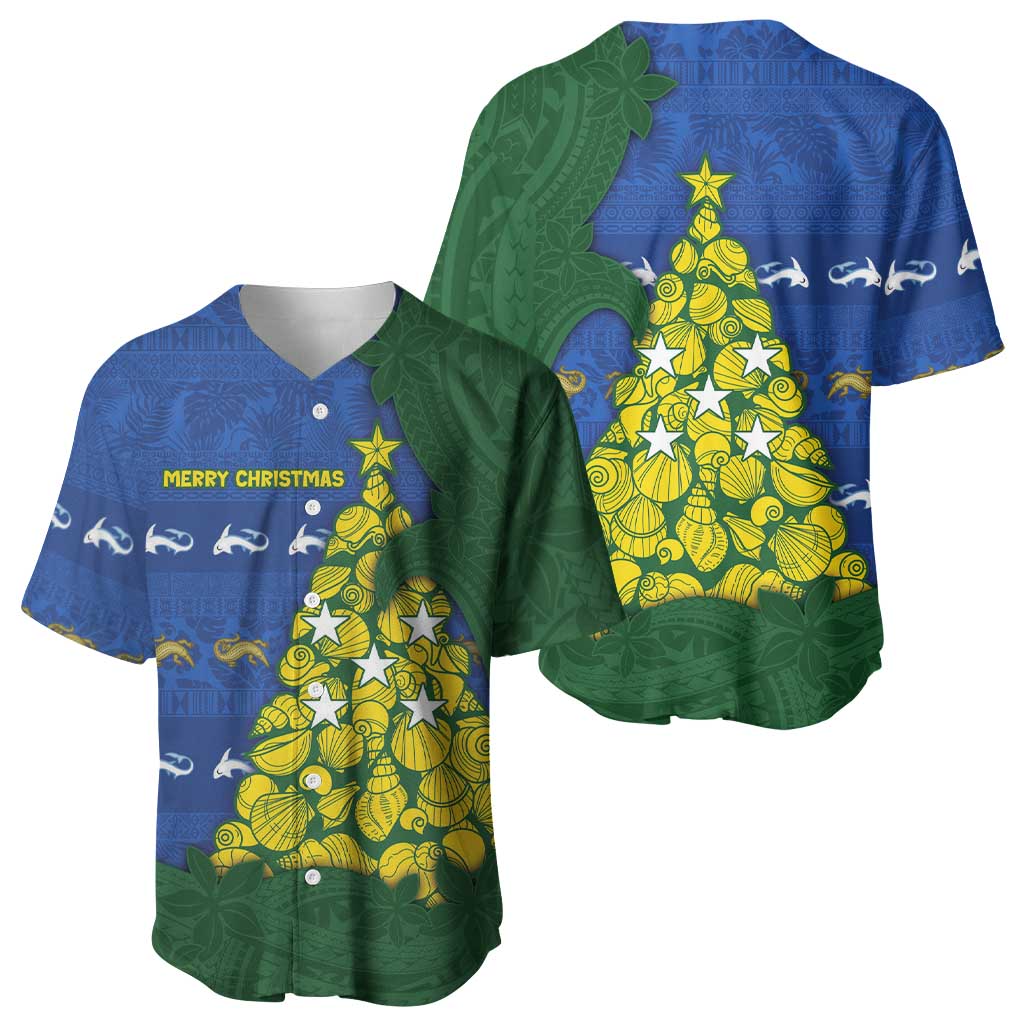 Solomon Islands Christmas Baseball Jersey Seashell Xmas Tree Tribal Waves - Polynesian Pride