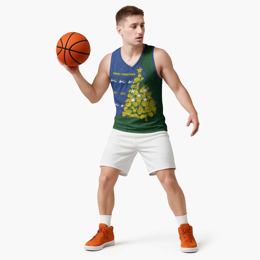 Solomon Islands Christmas Basketball Jersey Seashell Xmas Tree Tribal Waves - Polynesian Pride