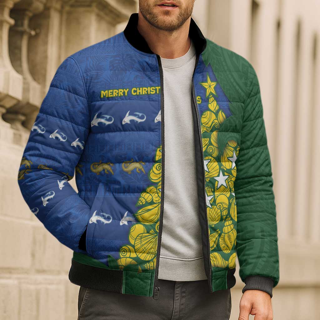 Solomon Islands Christmas Bomber Puffer Jacket Seashell Xmas Tree Tribal Waves - Polynesian Pride