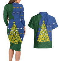 Solomon Islands Christmas Couples Matching Long Sleeve Bodycon Dress and Hawaiian Shirt Seashell Xmas Tree Tribal Waves - Polynesian Pride
