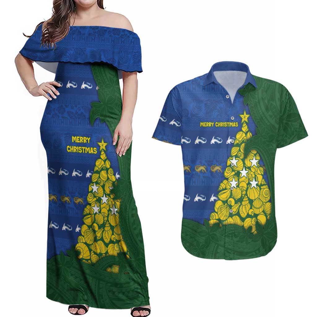 Solomon Islands Christmas Couples Matching Off Shoulder Maxi Dress and Hawaiian Shirt Seashell Xmas Tree Tribal Waves - Polynesian Pride