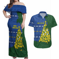 Solomon Islands Christmas Couples Matching Off Shoulder Maxi Dress and Hawaiian Shirt Seashell Xmas Tree Tribal Waves - Polynesian Pride