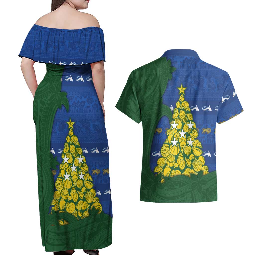 Solomon Islands Christmas Couples Matching Off Shoulder Maxi Dress and Hawaiian Shirt Seashell Xmas Tree Tribal Waves - Polynesian Pride