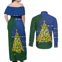 Solomon Islands Christmas Couples Matching Off Shoulder Maxi Dress and Long Sleeve Button Shirt Seashell Xmas Tree Tribal Waves - Polynesian Pride