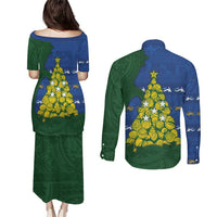 Solomon Islands Christmas Couples Matching Puletasi and Long Sleeve Button Shirt Seashell Xmas Tree Tribal Waves - Polynesian Pride