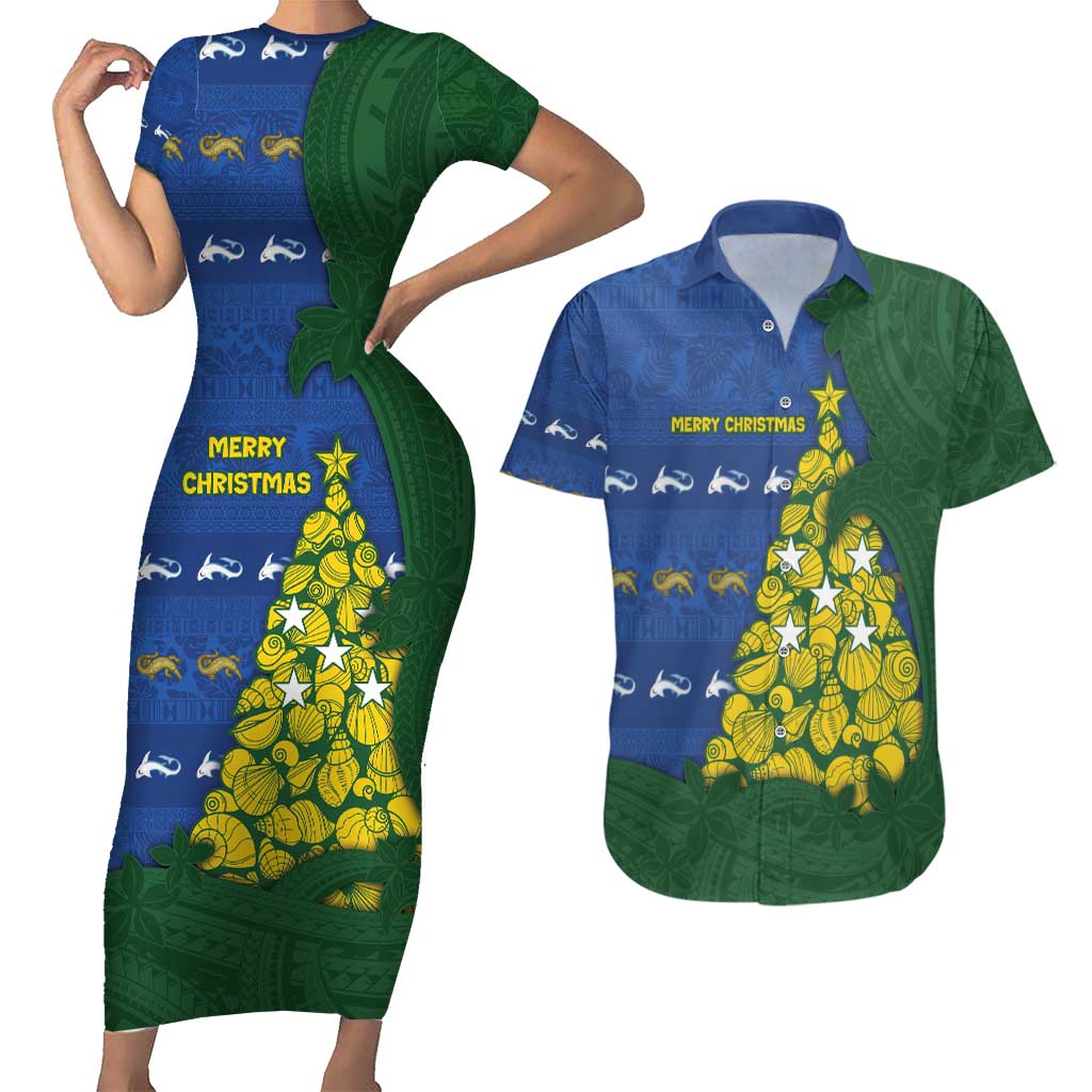 Solomon Islands Christmas Couples Matching Short Sleeve Bodycon Dress and Hawaiian Shirt Seashell Xmas Tree Tribal Waves - Polynesian Pride
