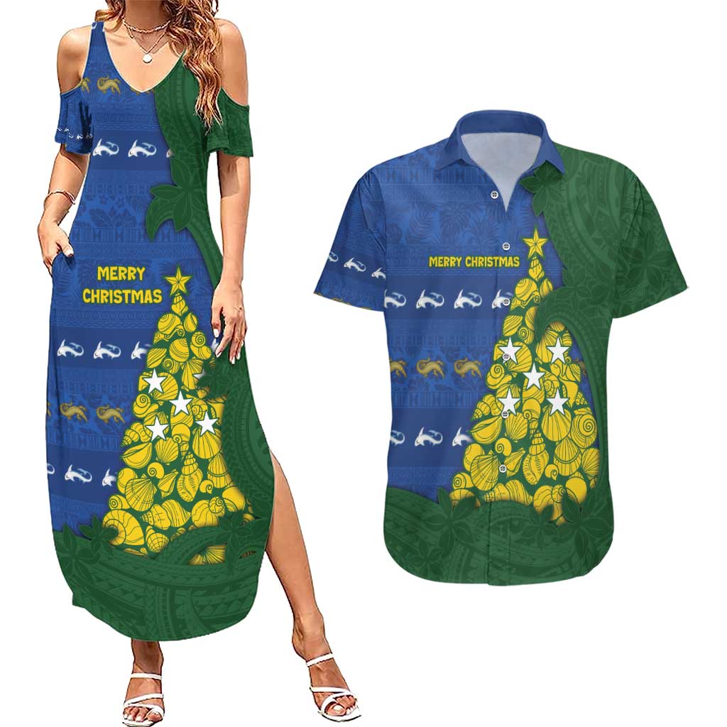 Solomon Islands Christmas Couples Matching Summer Maxi Dress and Hawaiian Shirt Seashell Xmas Tree Tribal Waves - Polynesian Pride