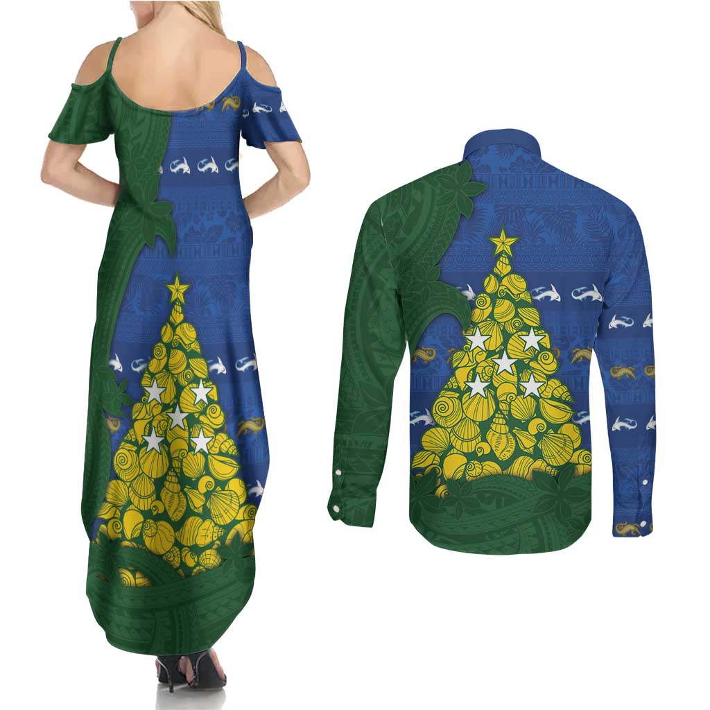Solomon Islands Christmas Couples Matching Summer Maxi Dress and Long Sleeve Button Shirt Seashell Xmas Tree Tribal Waves - Polynesian Pride