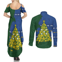 Solomon Islands Christmas Couples Matching Summer Maxi Dress and Long Sleeve Button Shirt Seashell Xmas Tree Tribal Waves - Polynesian Pride